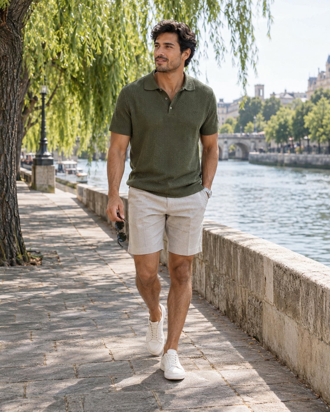 Adult Latino male model with dark wavy hair wearing a moss-green textured knit polo, stone tailored shorts and offwhite low sneakers walking beside a river promenade