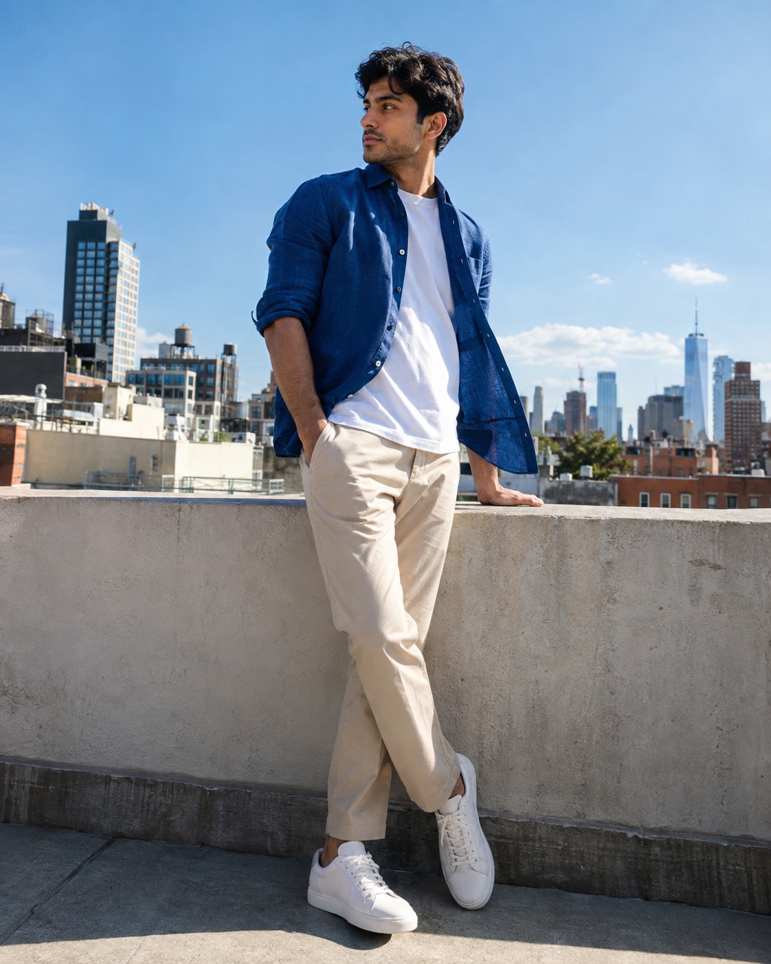 Adult South Asian male model in a cobalt-blue relaxed overshirt, white tee and sand-coloured trousers on a sunny urban rooftop, leaning lightly against pale concrete parapet, looking over shoulder, one hand in pocket