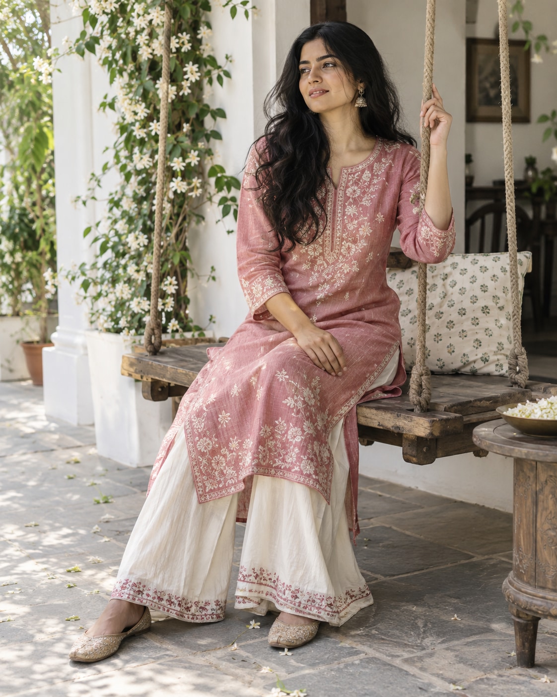 South Asian woman in rose pink embroidered kurta and ivory palazzos seated on sturdy low wooden porch swing, both feet on floor and one hand on rope, white veranda and jasmine vines.