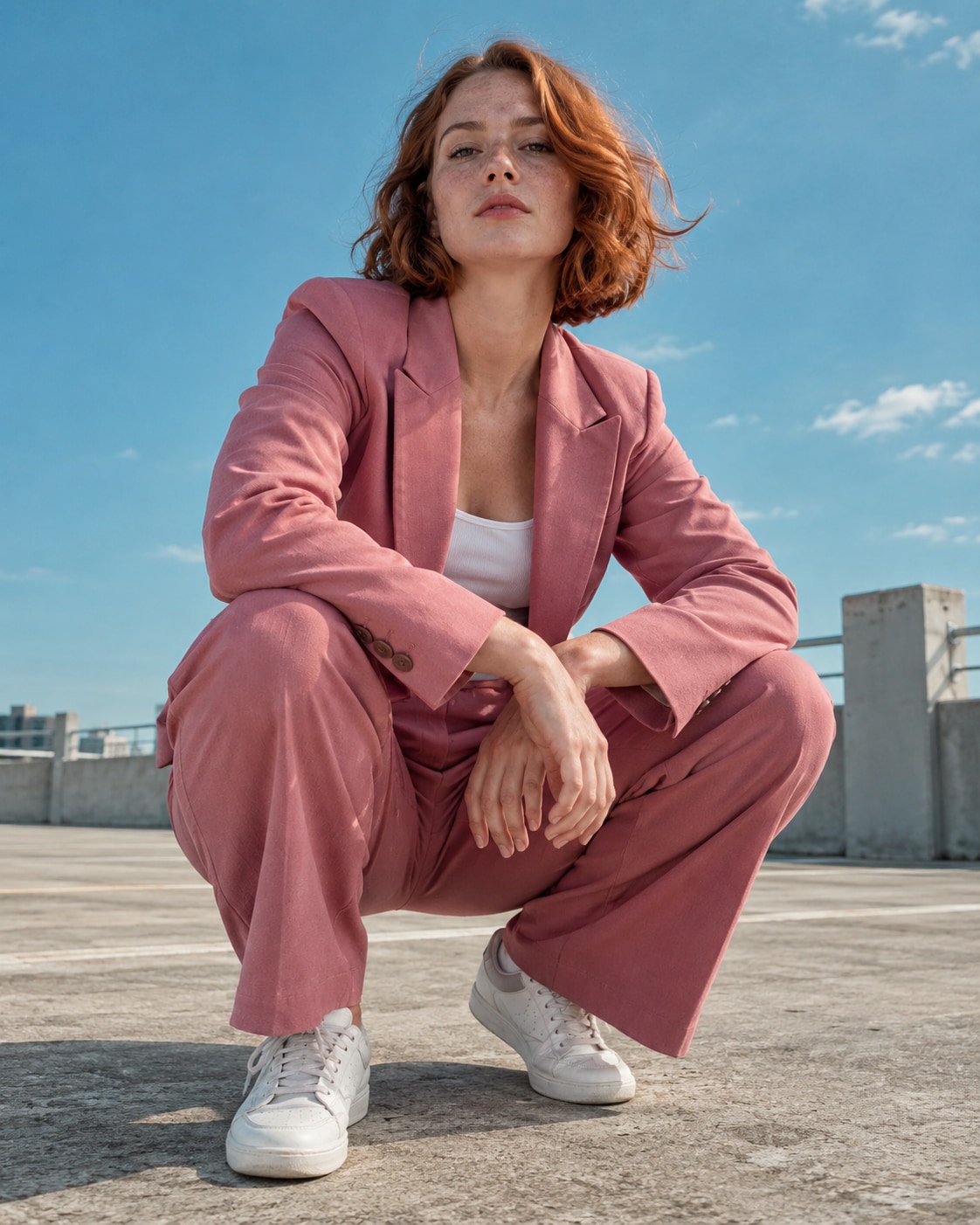 Auburn bob-haired white woman in rose pink suit and white sneakers in grounded comfortable squat, forearms on knees, bright open-air concrete parking roof under turquoise sky, low camera.