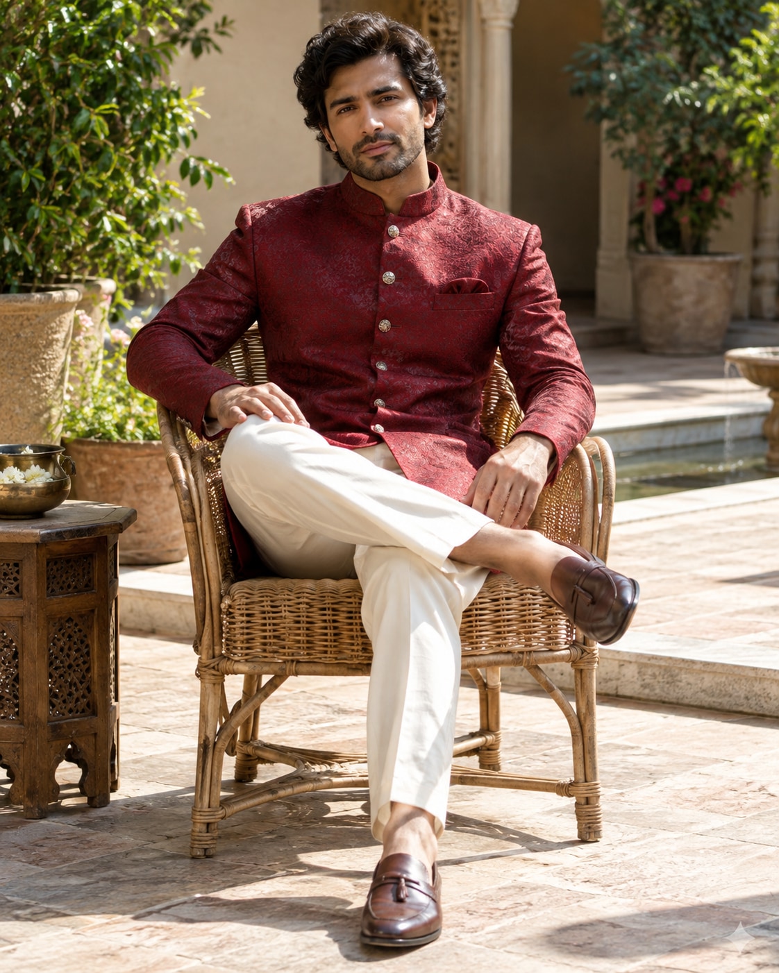 Indian man with wavy hair in ruby short sherwani and ivory trousers seated confidently on cane chair in sunlit courtyard, one ankle across opposite lower shin, hands separately on knees.
