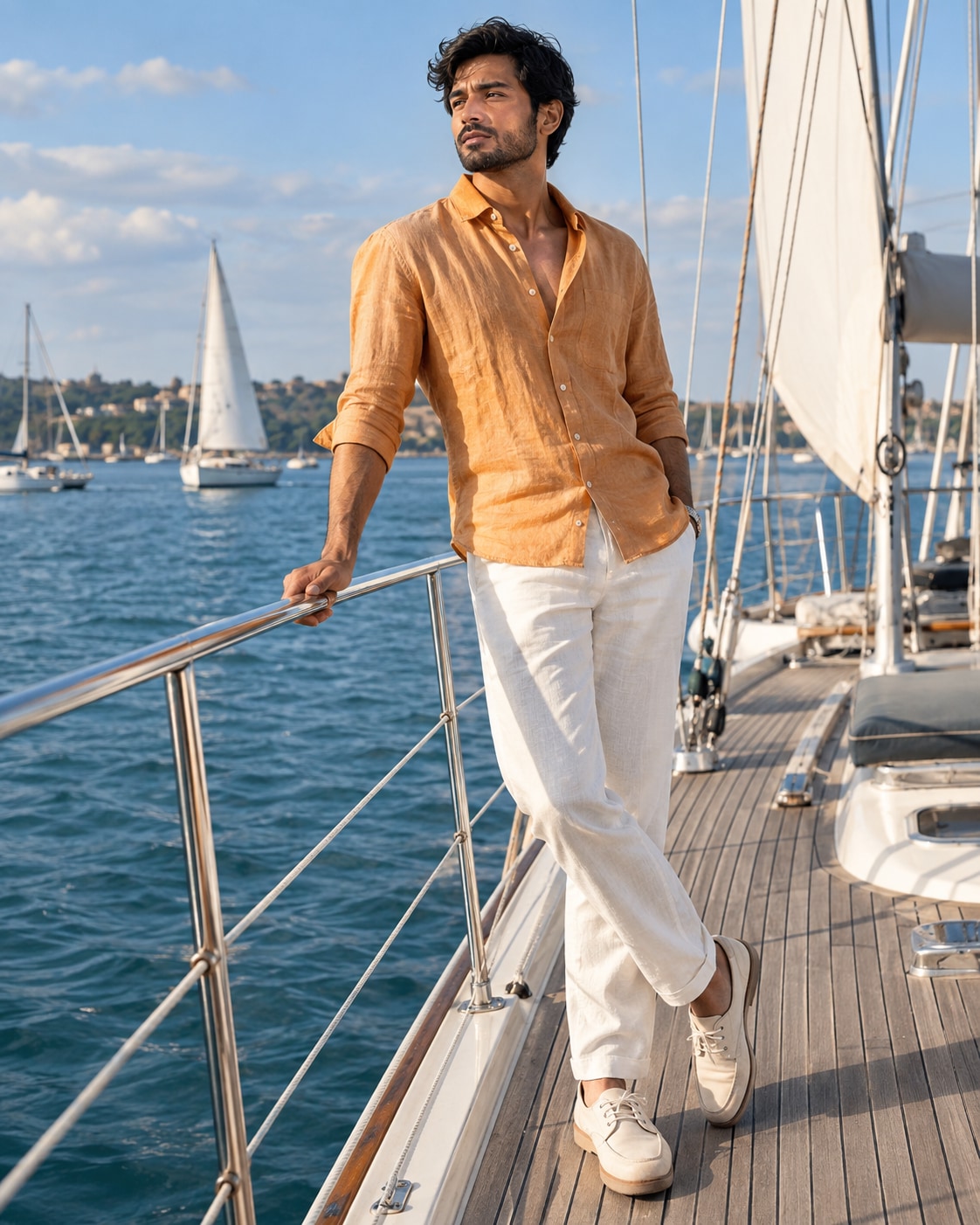 South Asian man in saffron linen shirt and off-white trousers on wide deck of docked sailboat, one hand on railing and body turning toward breeze, blue harbour and white sails.