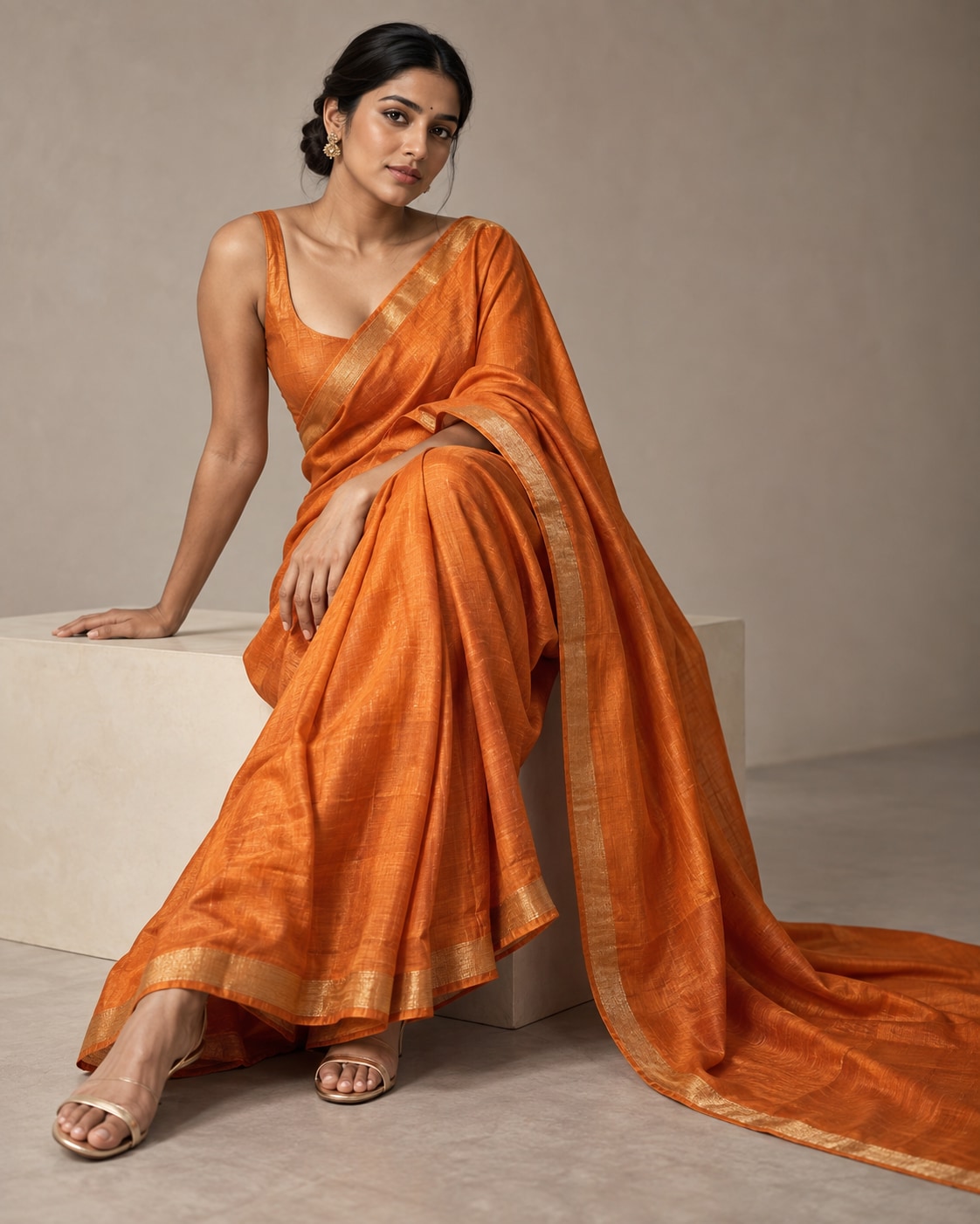 Indian woman in a saffron silk saree seated diagonally on an ivory cube, one knee raised beneath the drape and the pallu sweeping across the studio floor.