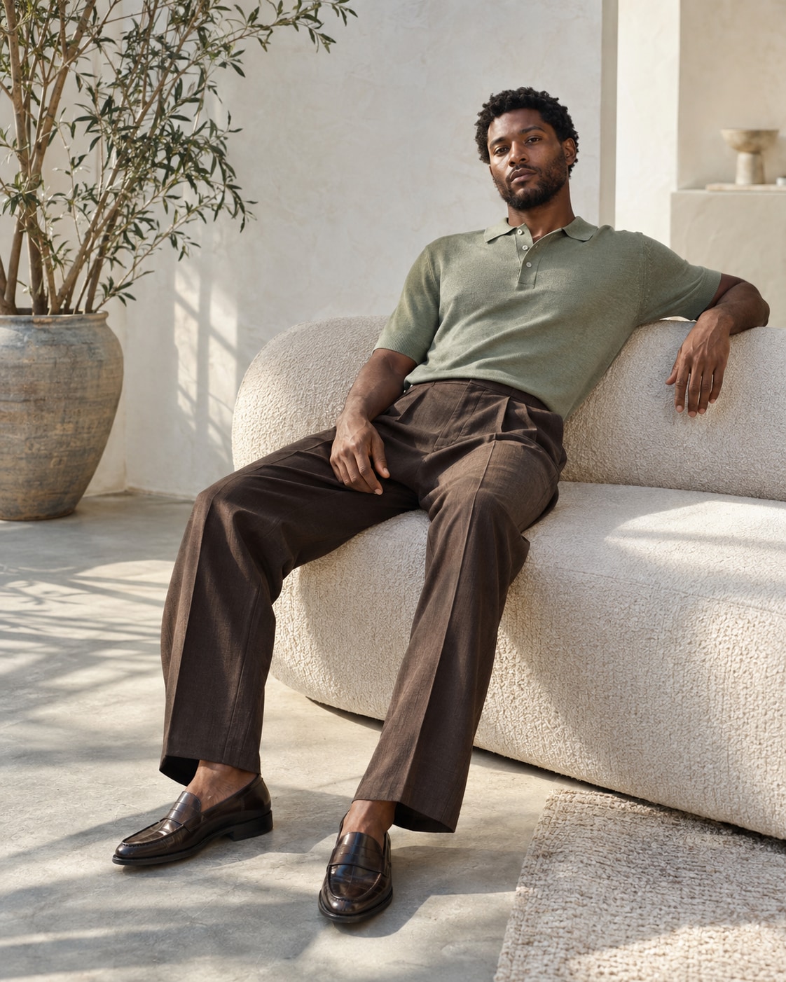 Black man in sage merino polo and chocolate pleated trousers, reclining diagonally across low curved ivory bench with both feet on floor and one elbow on back, bright plaster studio.