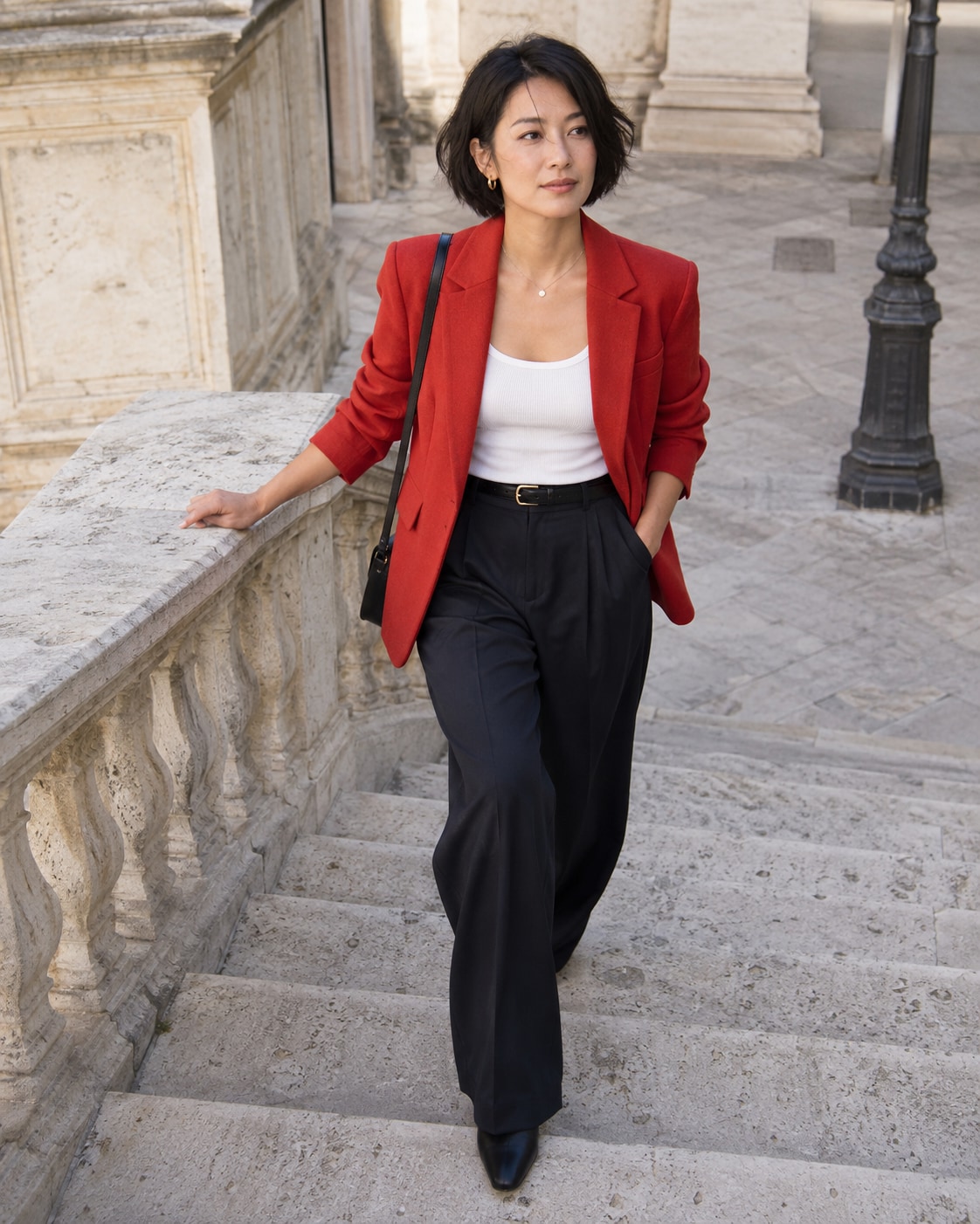 Adult East Asian woman with cropped black hair wearing a scarlet-red unstructured blazer over white tank and dark wide trousers, walking down broad pale limestone stairs