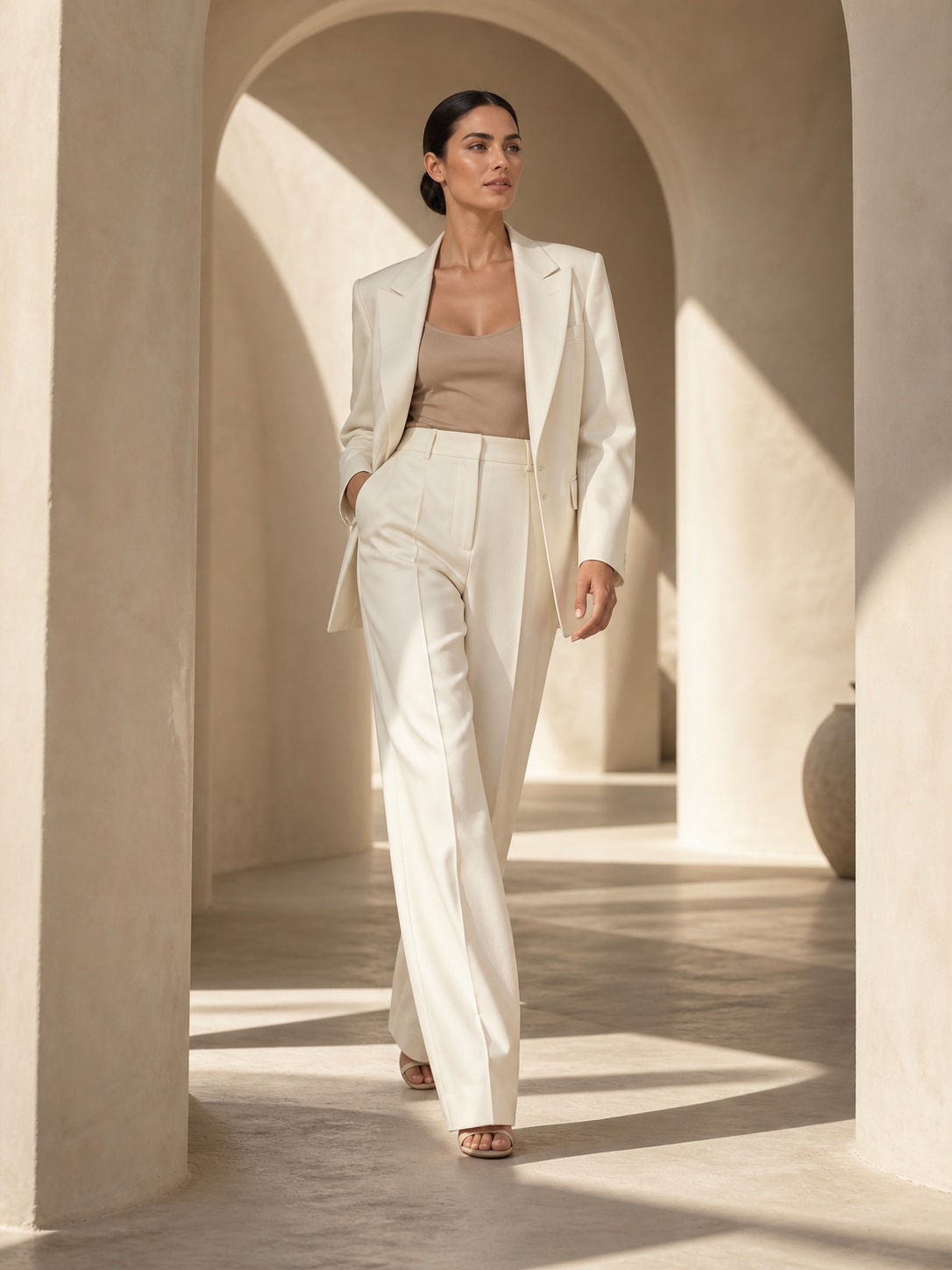 Woman in an ivory tailored suit walking through sunlit cream plaster arches