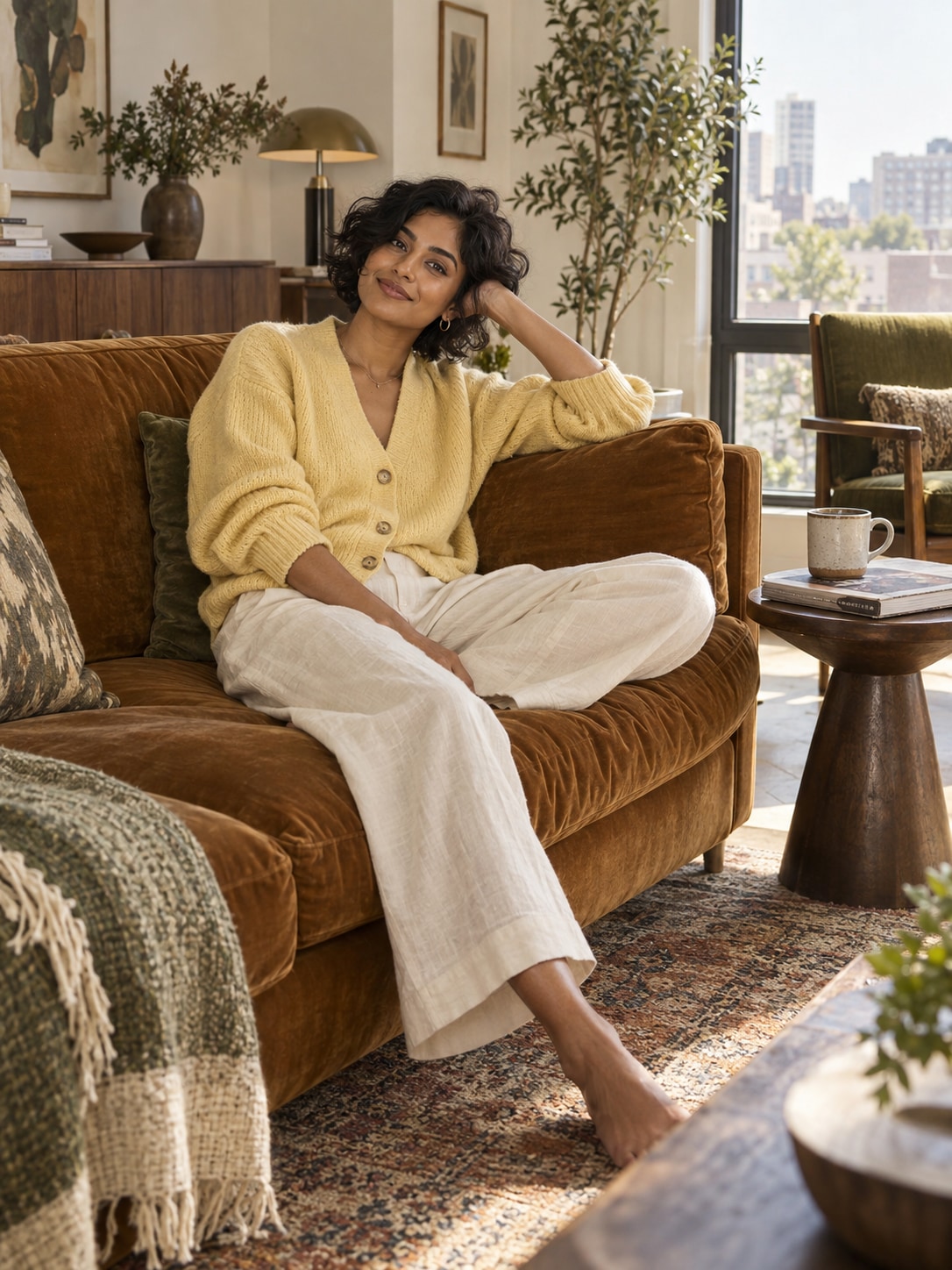 Woman in a butter-yellow cardigan relaxing on a caramel sofa in a sunlit apartment