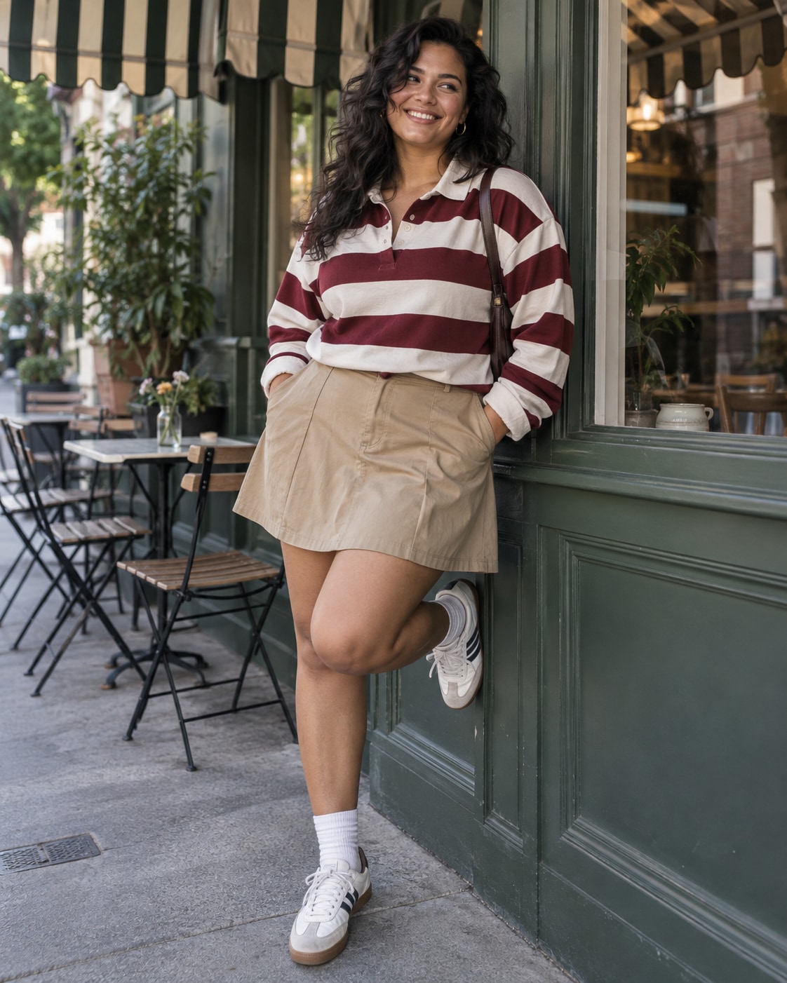 Curvy olive-skinned woman in burgundy cream striped rugby shirt and khaki skirt leaning against cafe facade under unlettered striped awning, one knee bent with shoe against wall, bright relaxed smile.