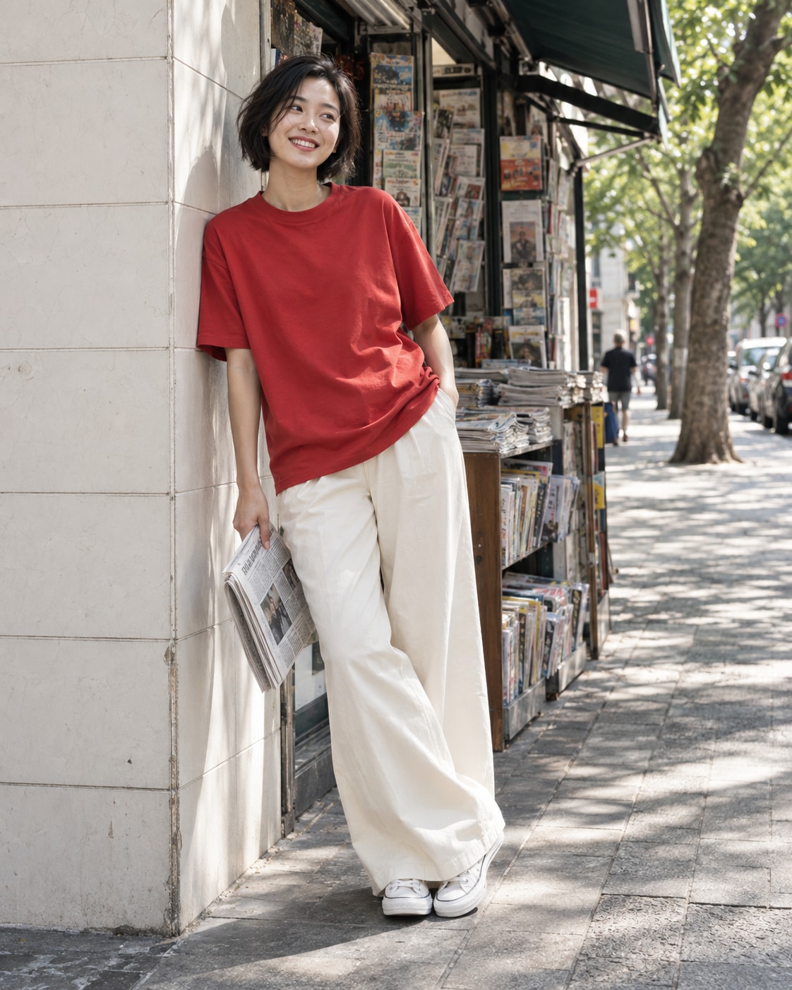 Adult East Asian woman with a short textured bob wearing an oversized cherry-red cotton tee, cream wide-leg trousers and white canvas sneakers beside a small outdoor newsstand