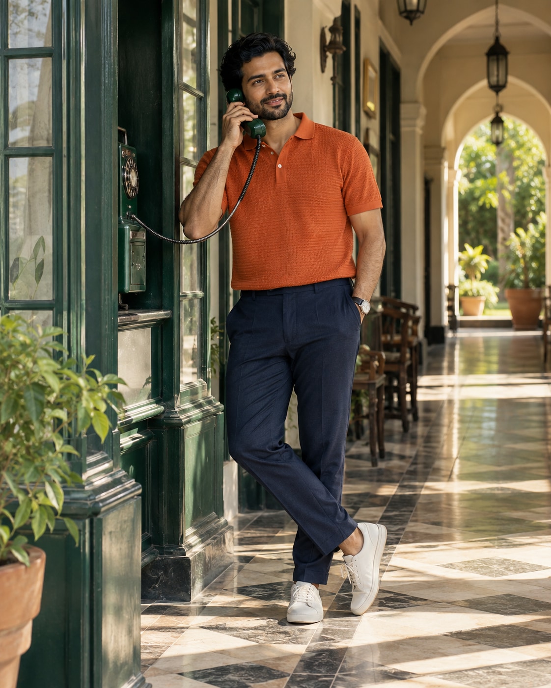South Asian man in tangerine textured polo and navy trousers at forest green vintage telephone alcove, receiver to one ear and free hand in pocket, sunlit tiled arcade, natural half-smile.