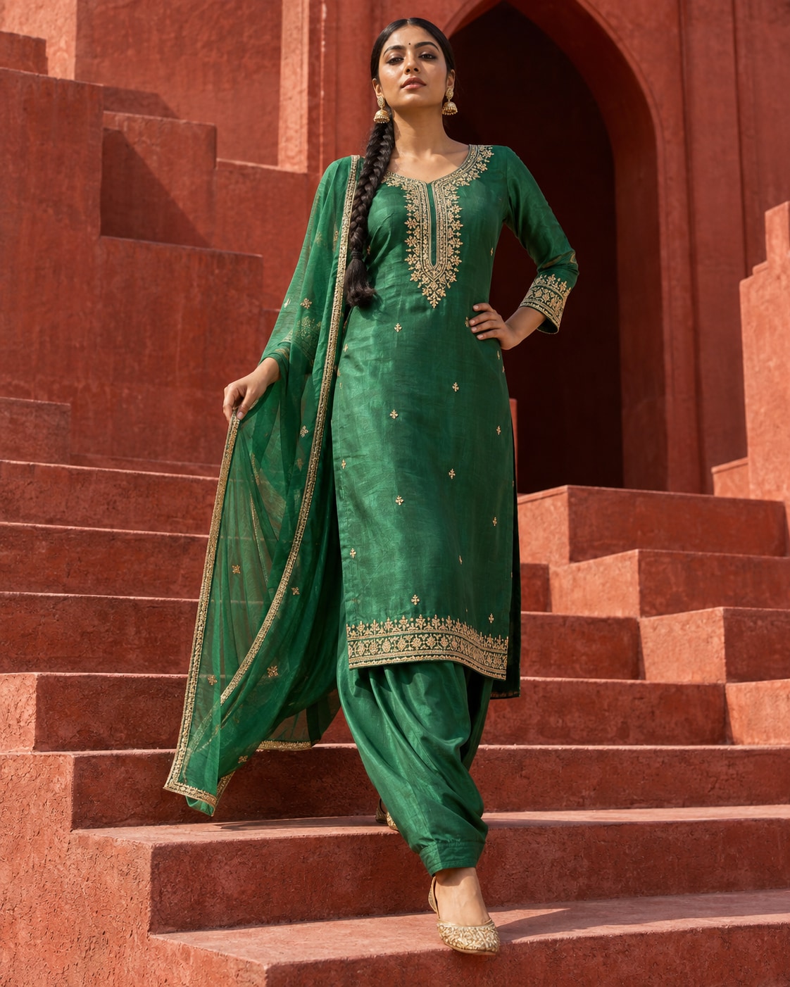 An adult Indian woman in an emerald and gold embroidered salwar kameez poses on red terracotta steps with one hand on her hip, a long braid and flowing green dupatta in bright natural daylight.
