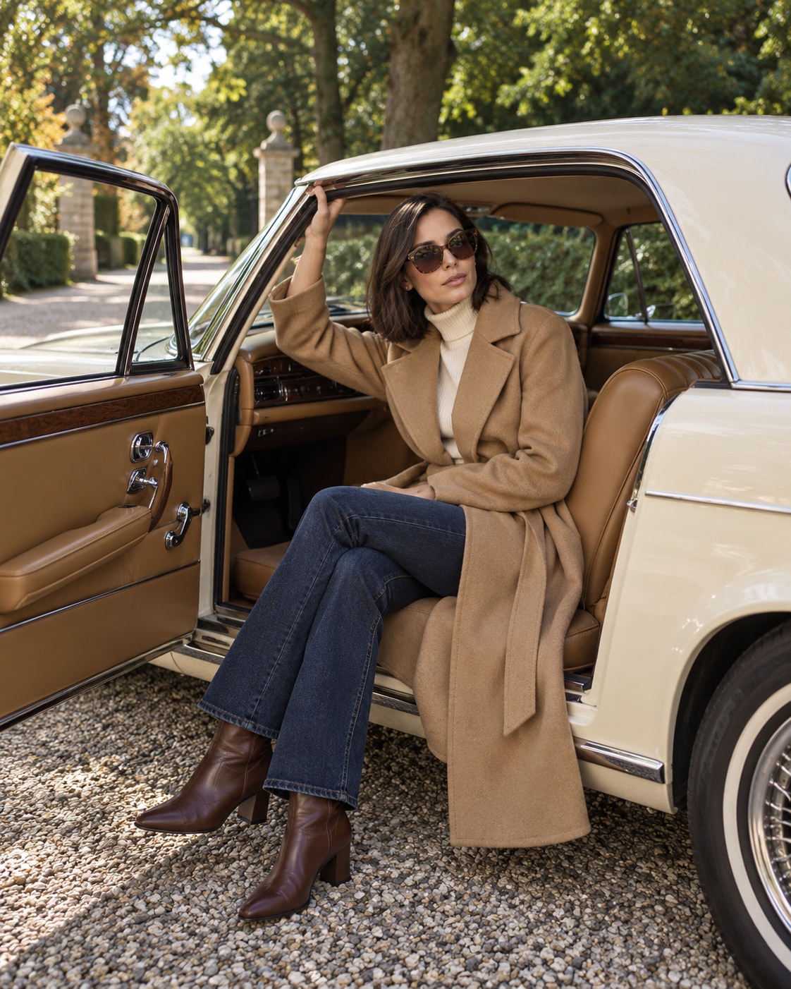 Woman in a camel coat, cream knit and jeans seated sideways in an ivory classic car with tan leather interior.