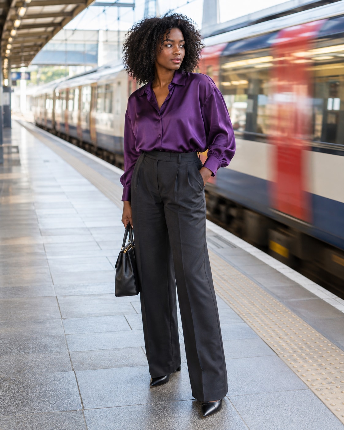 Black woman in violet satin blouse and dark tailored trousers on clean station platform well behind safety line, shoulders turning gently, passing train blurred only in background, bright soft station light.