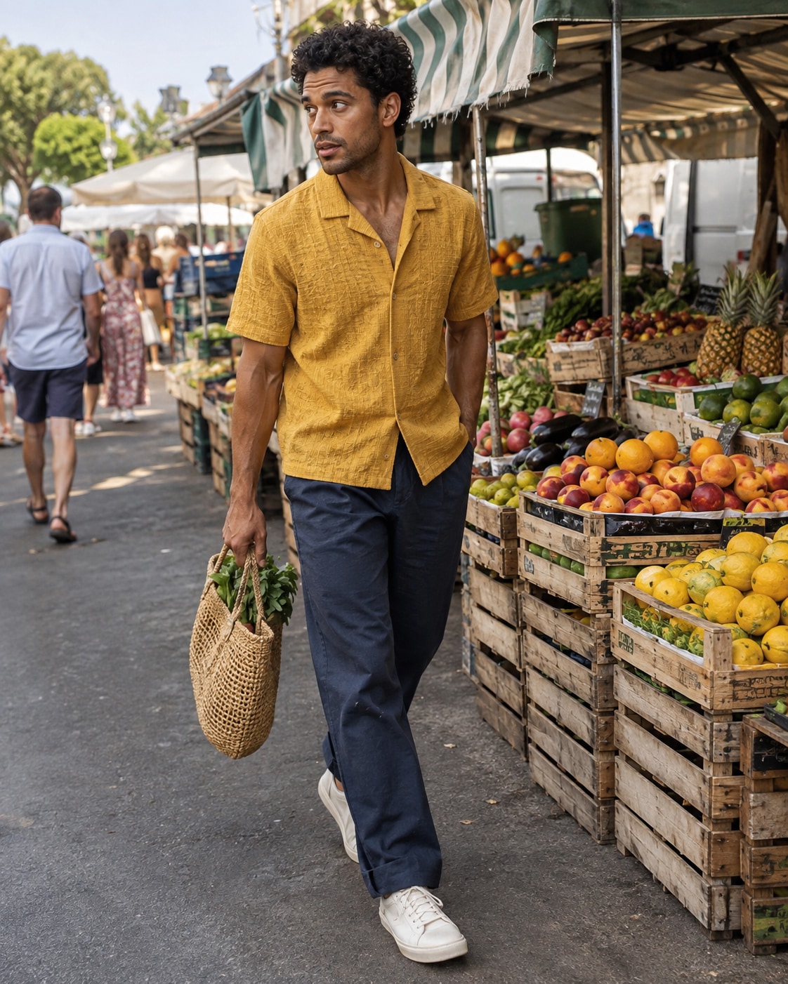Adult male model with medium brown skin and short curly hair wearing a mustard textured camp-collar shirt, deep navy relaxed trousers and canvas sneakers, walking beside fruit crates at an outdoor weekend market