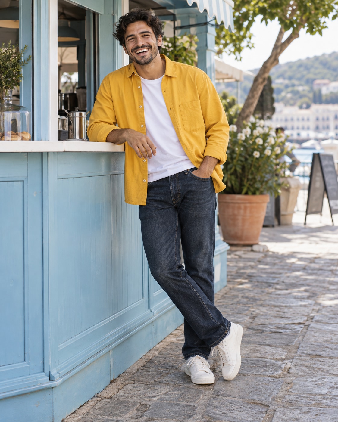 Latino man in sunflower yellow overshirt, white tee and dark jeans with elbow on pale blue kiosk counter, laughing toward camera and other hand in pocket, bright open shade, no readable merchandise.
