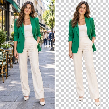 Background removal example showing a fashion photograph beside an isolated subject