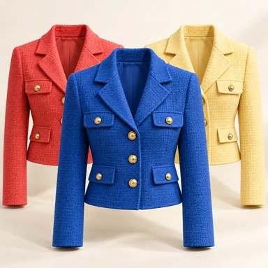 AI color variation preview showing the same textured cropped jacket in red, blue and yellow with matching gold buttons
