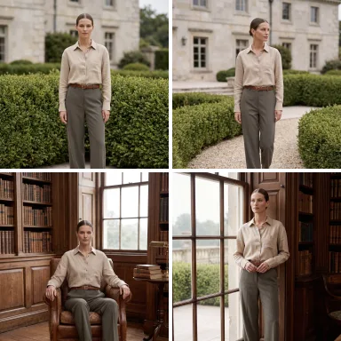 AI lookbook generator example showing the same model in a linen shirt and trousers across four quiet luxury looks on a terrace, a garden path, a library and by a window