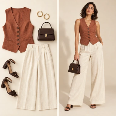 AI outfit builder preview with a brown vest, cream trousers, sandals, handbag and earrings laid flat beside a model wearing the complete outfit