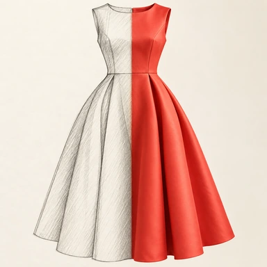 AI sketch-to-garment preview of a sleeveless dress transitioning from a pencil drawing into a red fabric garment