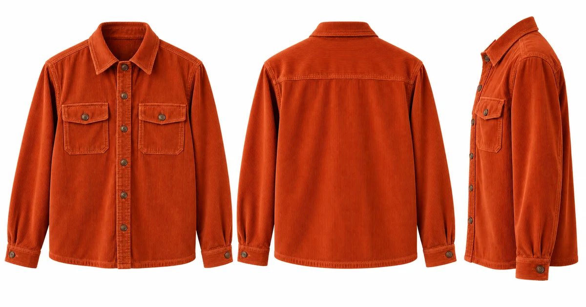 Front, back and side ghost mannequin views of a rust corduroy shirt jacket