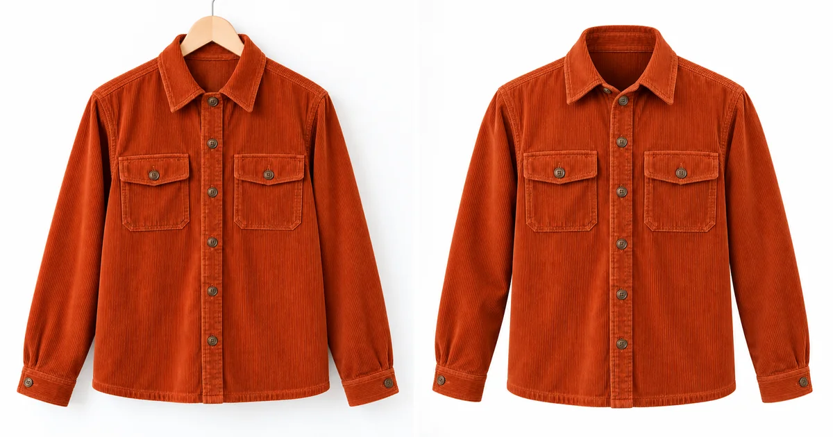 A rust corduroy shirt jacket on a hanger next to the same jacket as an AI ghost mannequin image