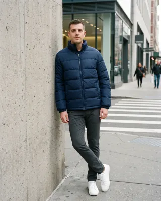 City Street lookbook mood: model in a navy puffer jacket leaning on a concrete wall by a crosswalk