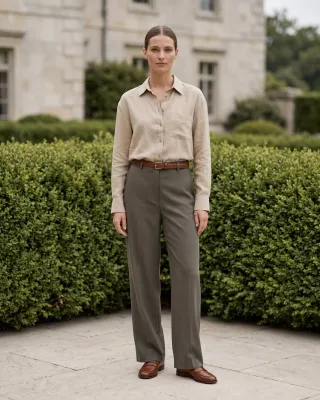 Quiet Luxury lookbook mood: model in a linen shirt and grey trousers on a stone terrace with clipped hedges