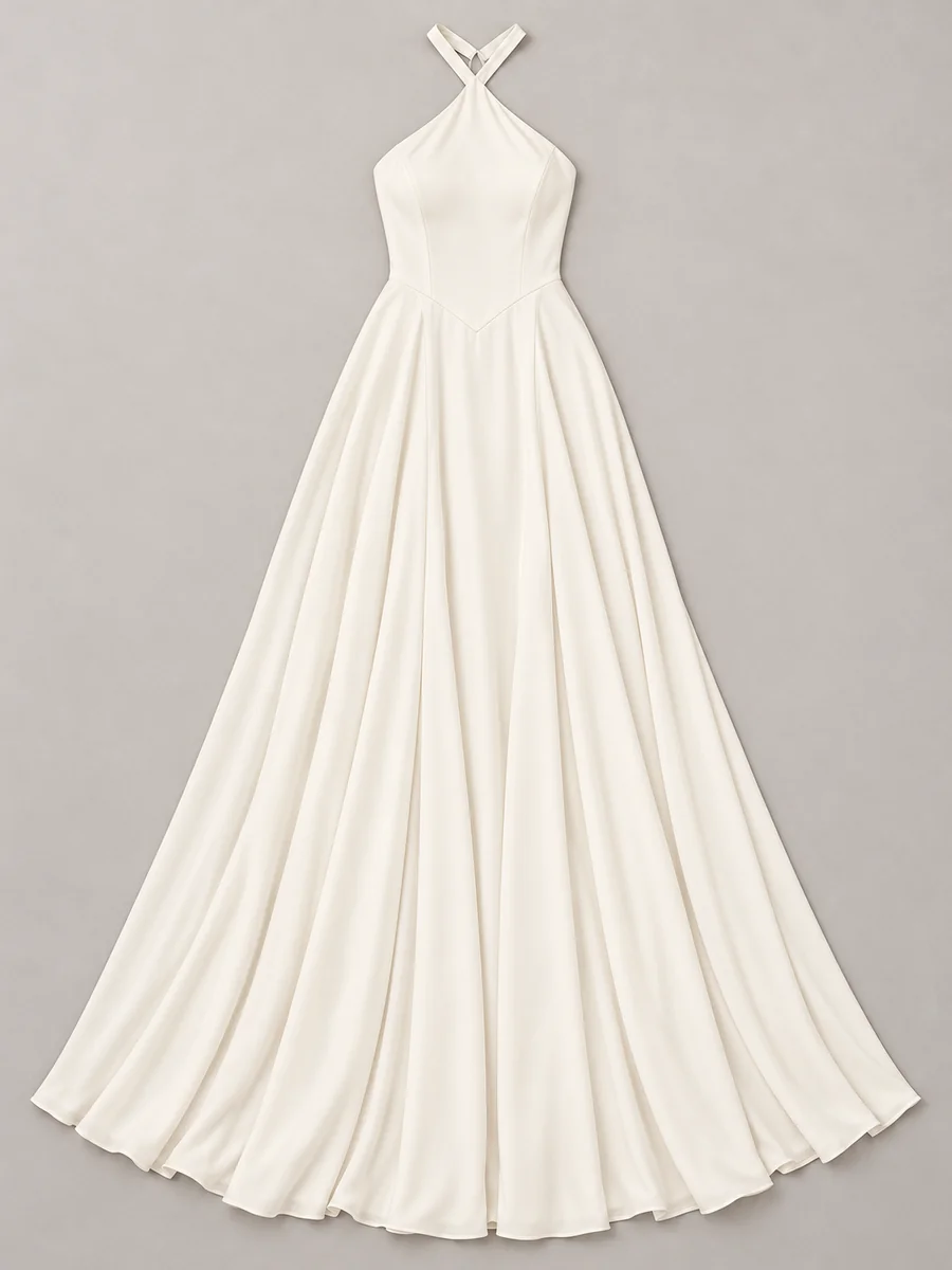 Flat product render of the ivory halter maxi dress created from a sketch