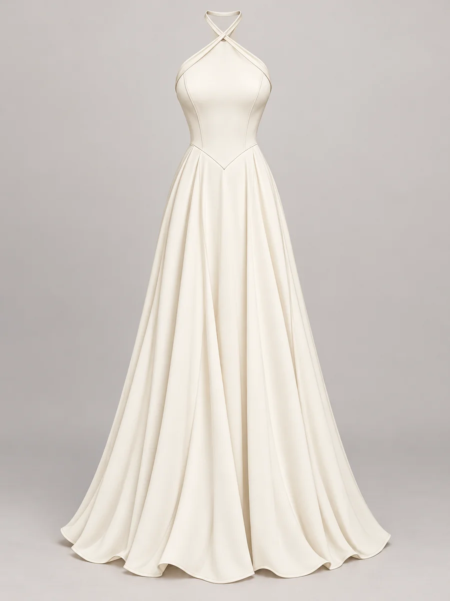 Ghost mannequin render of the ivory halter maxi dress created from a sketch